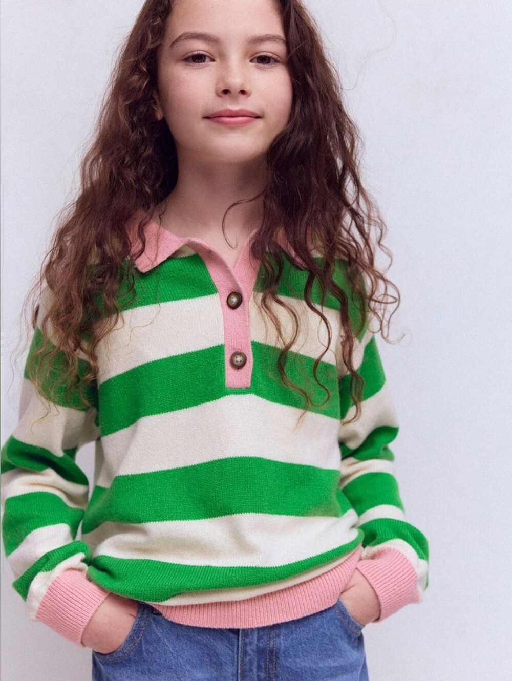 Boden Girls Green Striped Knitted Rugby Sweater Size 7-8 NWT